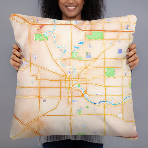 Person holding 22x22 Custom South Bend Indiana Map Throw Pillow in Watercolor
