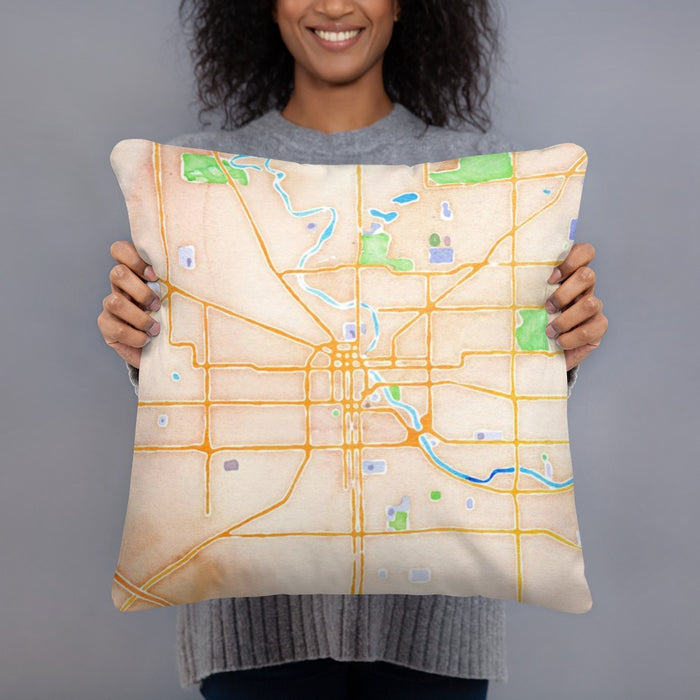Person holding 18x18 Custom South Bend Indiana Map Throw Pillow in Watercolor