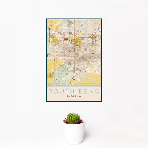 12x18 South Bend Indiana Map Print Portrait Orientation in Woodblock Style With Small Cactus Plant in White Planter