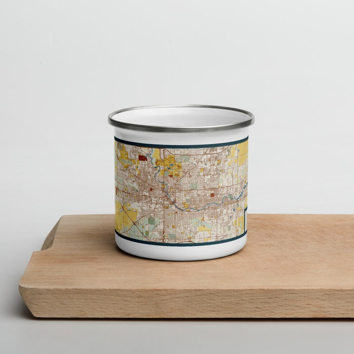 Front View Custom South Bend Indiana Map Enamel Mug in Woodblock on Cutting Board