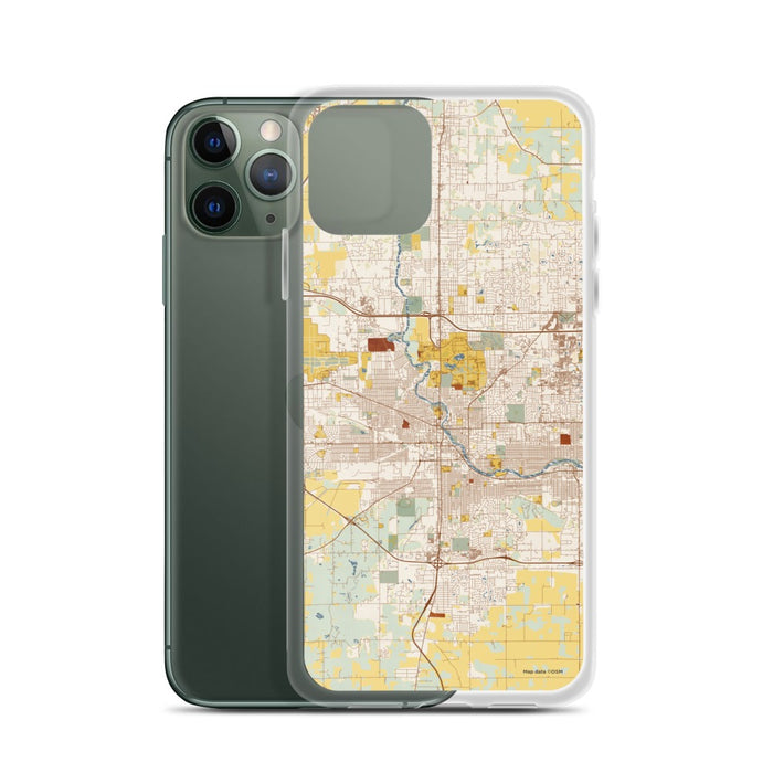 Custom South Bend Indiana Map Phone Case in Woodblock on Table with Laptop and Plant