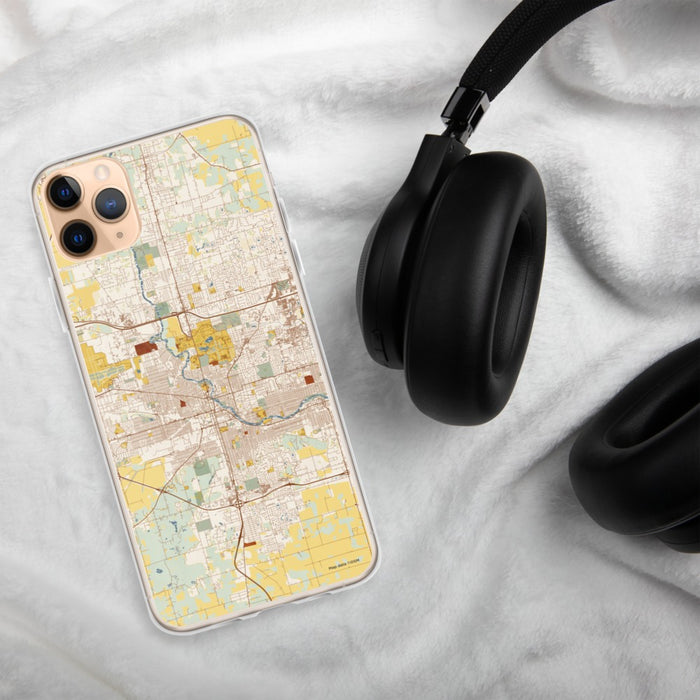 Custom South Bend Indiana Map Phone Case in Woodblock on Table with Black Headphones