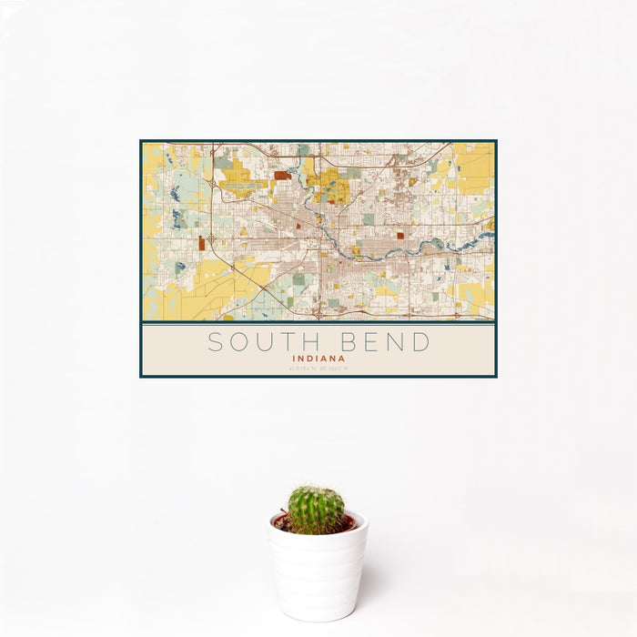 12x18 South Bend Indiana Map Print Landscape Orientation in Woodblock Style With Small Cactus Plant in White Planter