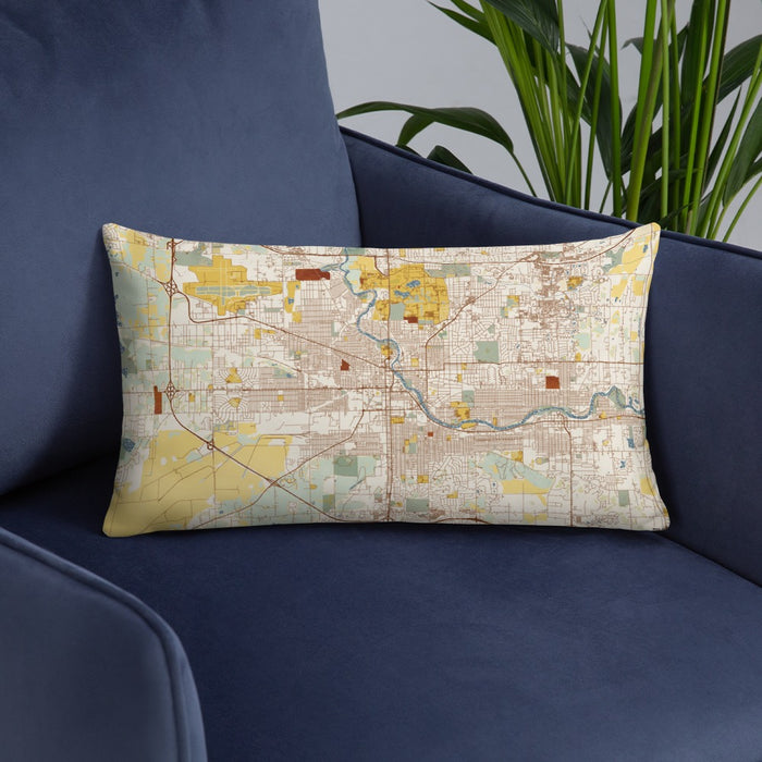 Custom South Bend Indiana Map Throw Pillow in Woodblock on Blue Colored Chair