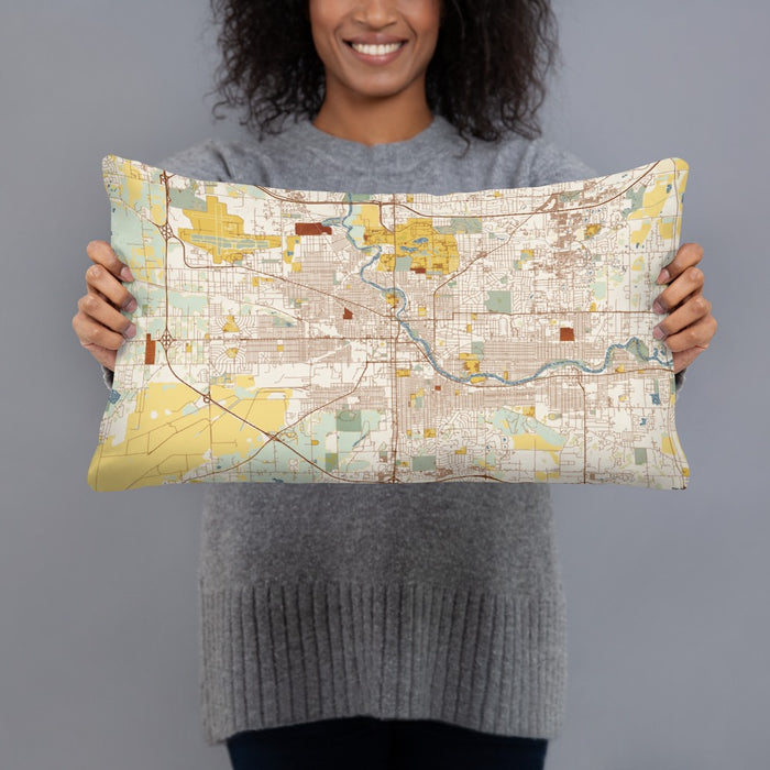 Person holding 20x12 Custom South Bend Indiana Map Throw Pillow in Woodblock