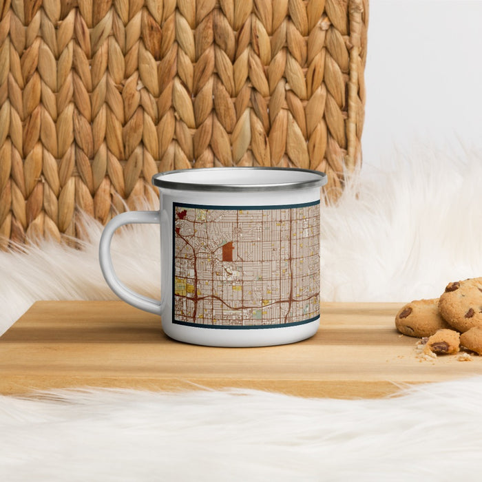 Left View Custom South Gate California Map Enamel Mug in Woodblock on Table Top