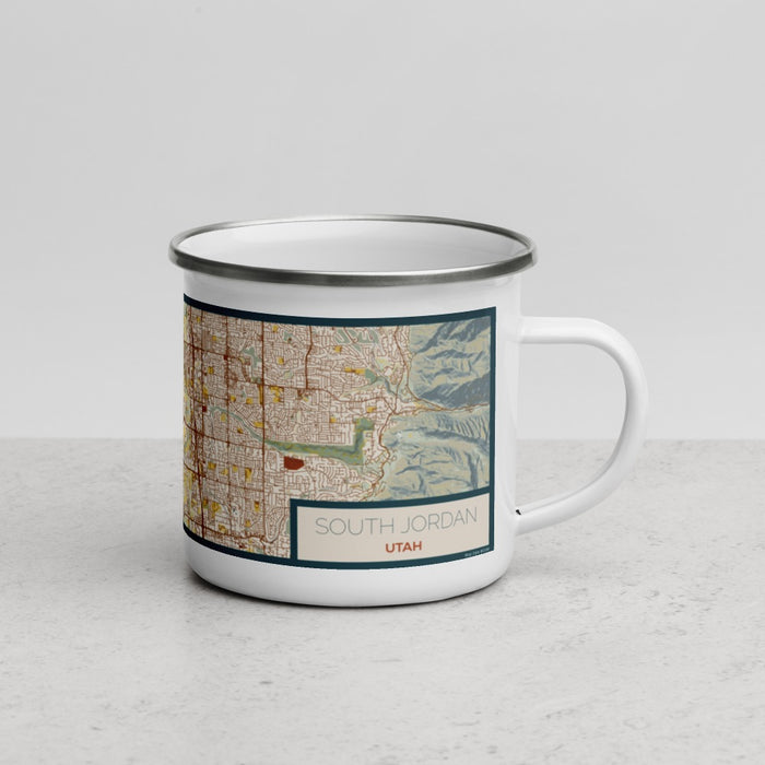 Right View Custom South Jordan Utah Map Enamel Mug in Woodblock
