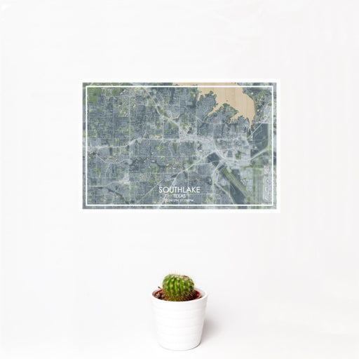12x18 Southlake Texas Map Print Landscape Orientation in Afternoon Style With Small Cactus Plant in White Planter