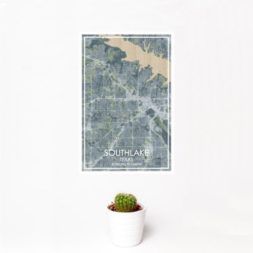 12x18 Southlake Texas Map Print Portrait Orientation in Afternoon Style With Small Cactus Plant in White Planter