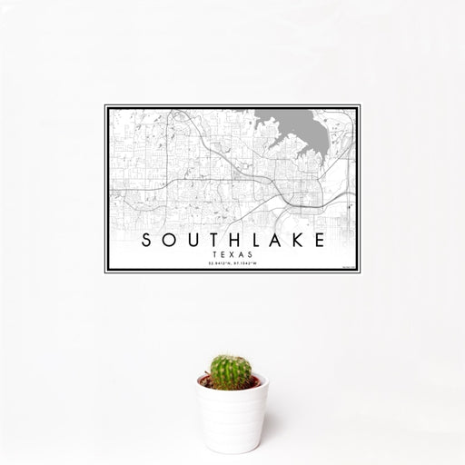 12x18 Southlake Texas Map Print Landscape Orientation in Classic Style With Small Cactus Plant in White Planter