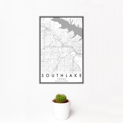 12x18 Southlake Texas Map Print Portrait Orientation in Classic Style With Small Cactus Plant in White Planter