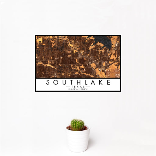 12x18 Southlake Texas Map Print Landscape Orientation in Ember Style With Small Cactus Plant in White Planter