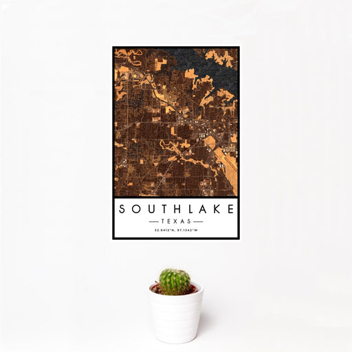 12x18 Southlake Texas Map Print Portrait Orientation in Ember Style With Small Cactus Plant in White Planter