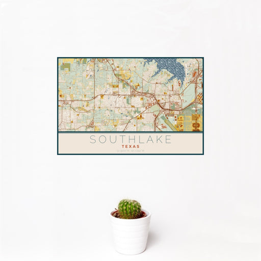 12x18 Southlake Texas Map Print Landscape Orientation in Woodblock Style With Small Cactus Plant in White Planter