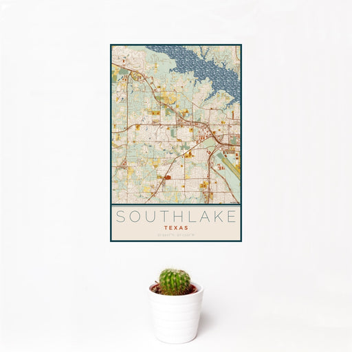 12x18 Southlake Texas Map Print Portrait Orientation in Woodblock Style With Small Cactus Plant in White Planter