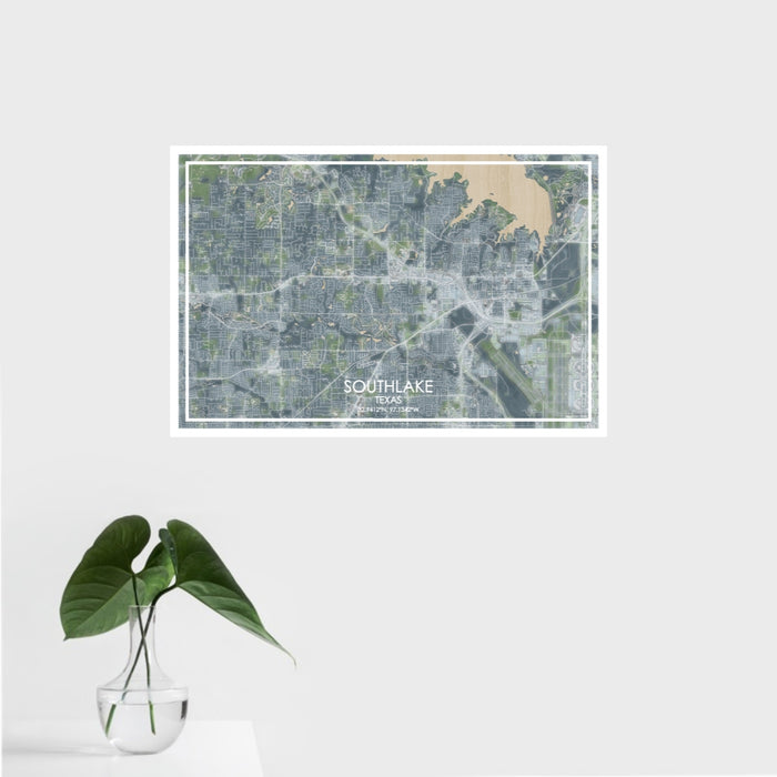 16x24 Southlake Texas Map Print Landscape Orientation in Afternoon Style With Tropical Plant Leaves in Water