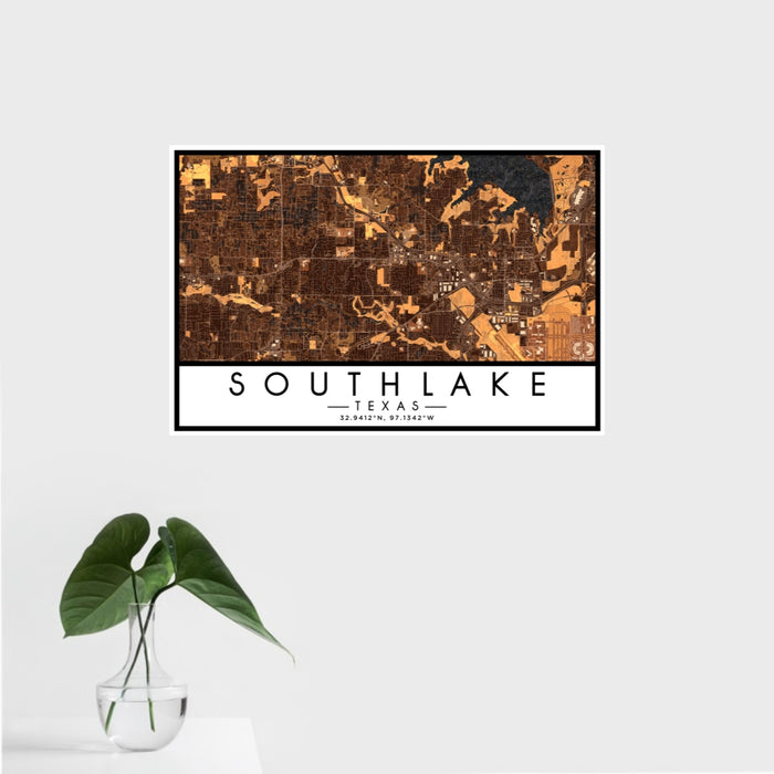 16x24 Southlake Texas Map Print Landscape Orientation in Ember Style With Tropical Plant Leaves in Water