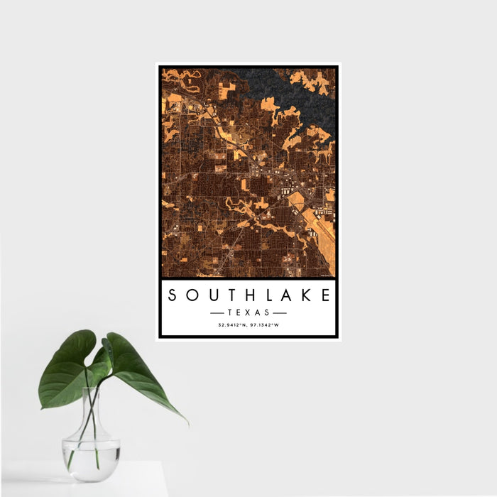 16x24 Southlake Texas Map Print Portrait Orientation in Ember Style With Tropical Plant Leaves in Water