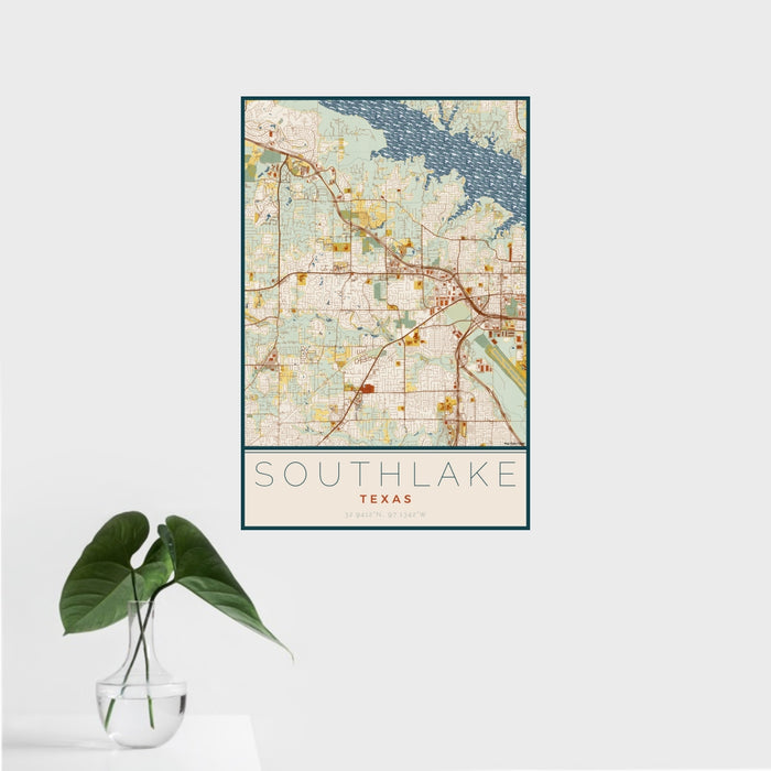 16x24 Southlake Texas Map Print Portrait Orientation in Woodblock Style With Tropical Plant Leaves in Water