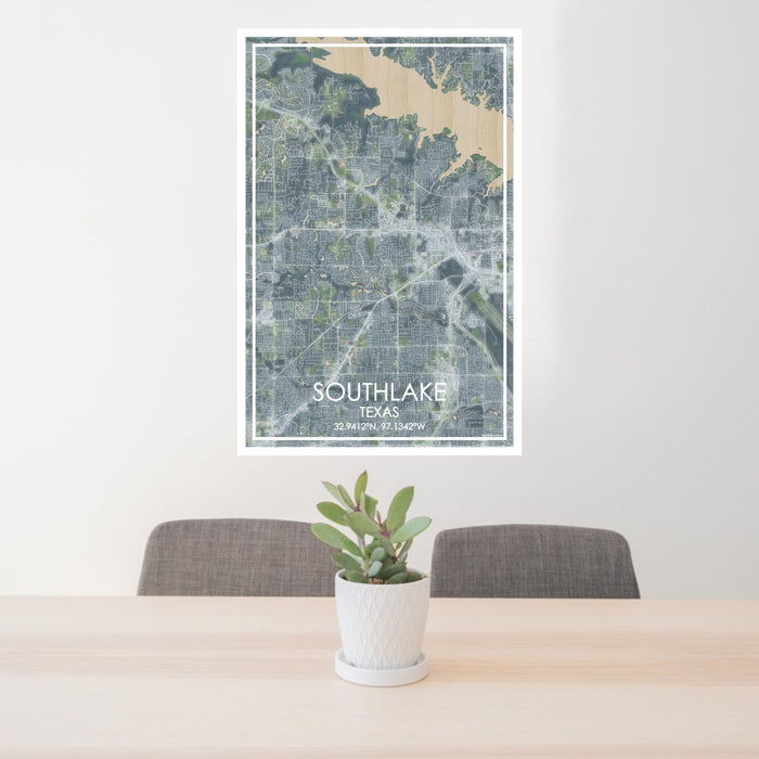24x36 Southlake Texas Map Print Portrait Orientation in Afternoon Style Behind 2 Chairs Table and Potted Plant