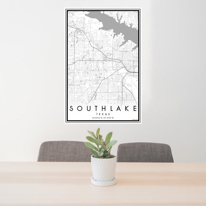 24x36 Southlake Texas Map Print Portrait Orientation in Classic Style Behind 2 Chairs Table and Potted Plant