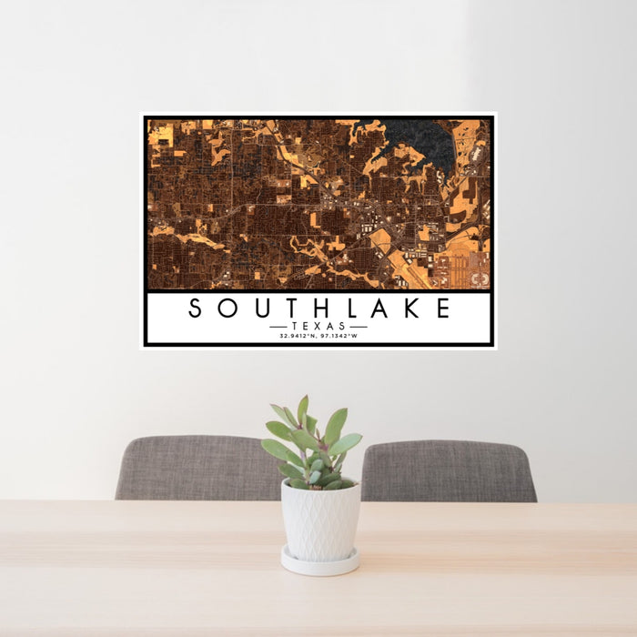 24x36 Southlake Texas Map Print Lanscape Orientation in Ember Style Behind 2 Chairs Table and Potted Plant