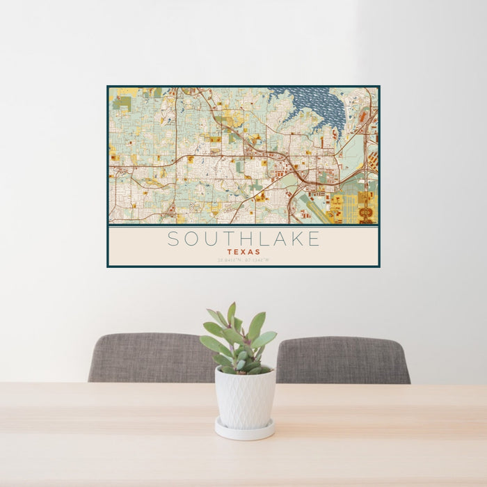 24x36 Southlake Texas Map Print Lanscape Orientation in Woodblock Style Behind 2 Chairs Table and Potted Plant