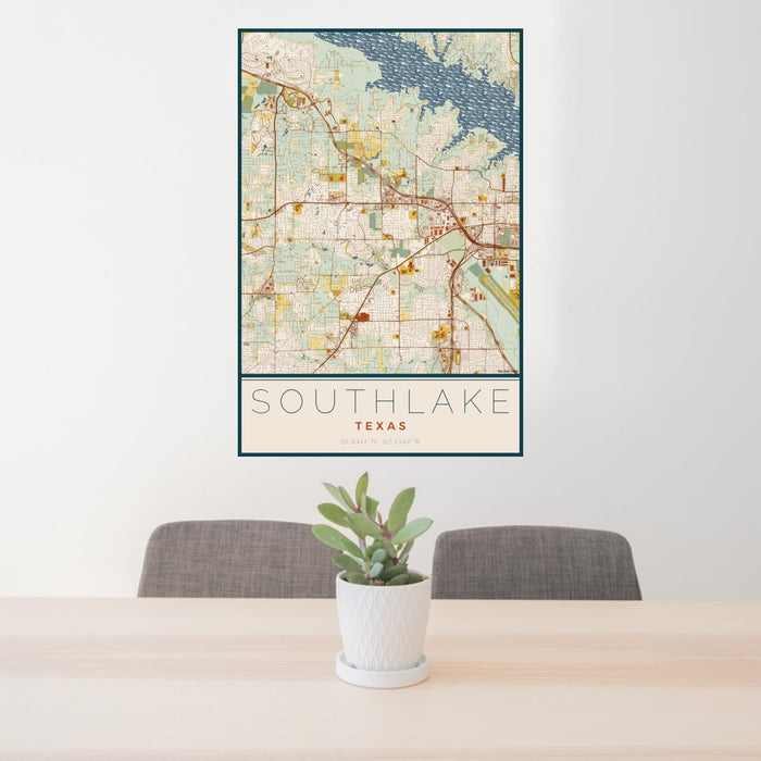 24x36 Southlake Texas Map Print Portrait Orientation in Woodblock Style Behind 2 Chairs Table and Potted Plant