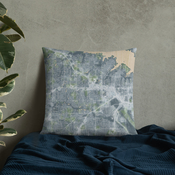 Custom Southlake Texas Map Throw Pillow in Afternoon on Bedding Against Wall