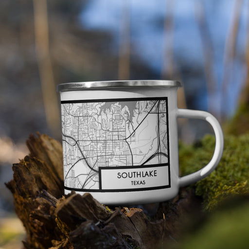 Right View Custom Southlake Texas Map Enamel Mug in Classic on Grass With Trees in Background