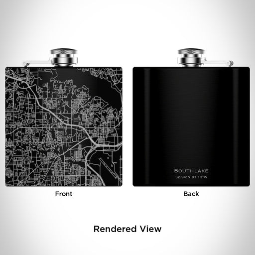 Rendered View of Southlake Texas Map Engraving on 6oz Stainless Steel Flask in Black