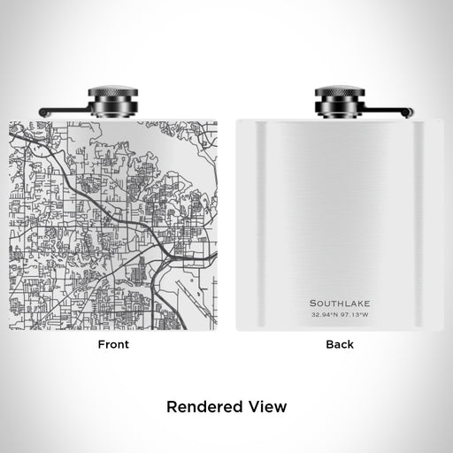 Rendered View of Southlake Texas Map Engraving on 6oz Stainless Steel Flask in White