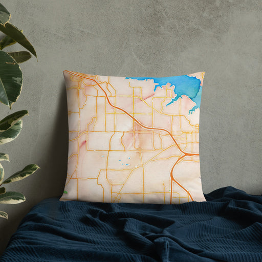 Custom Southlake Texas Map Throw Pillow in Watercolor on Bedding Against Wall