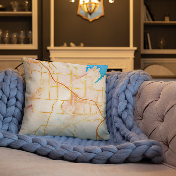 Custom Southlake Texas Map Throw Pillow in Watercolor on Cream Colored Couch