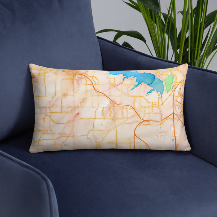 Custom Southlake Texas Map Throw Pillow in Watercolor on Blue Colored Chair