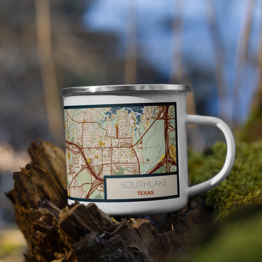 Right View Custom Southlake Texas Map Enamel Mug in Woodblock on Grass With Trees in Background
