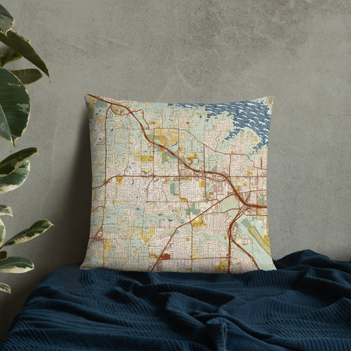 Custom Southlake Texas Map Throw Pillow in Woodblock on Bedding Against Wall