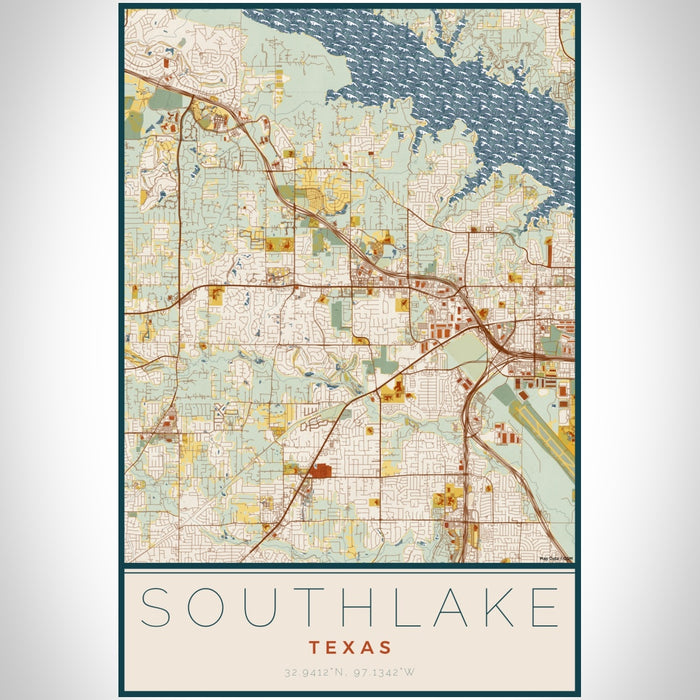 Southlake Texas Map Print Portrait Orientation in Woodblock Style With Shaded Background