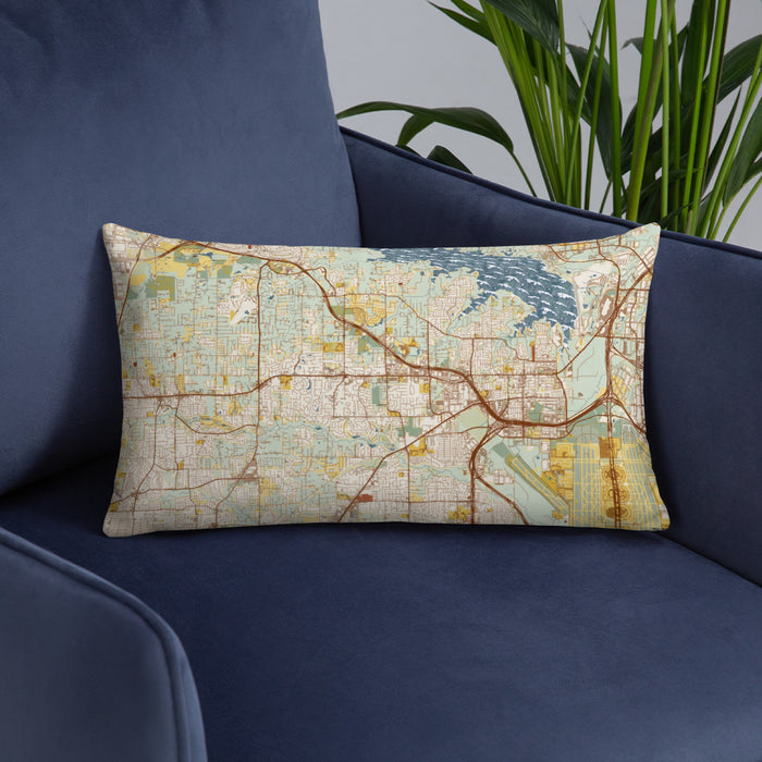 Custom Southlake Texas Map Throw Pillow in Woodblock on Blue Colored Chair