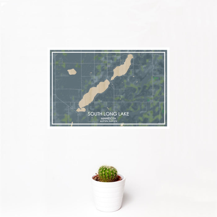 12x18 South Long Lake Minnesota Map Print Landscape Orientation in Afternoon Style With Small Cactus Plant in White Planter