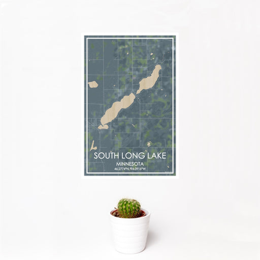 12x18 South Long Lake Minnesota Map Print Portrait Orientation in Afternoon Style With Small Cactus Plant in White Planter