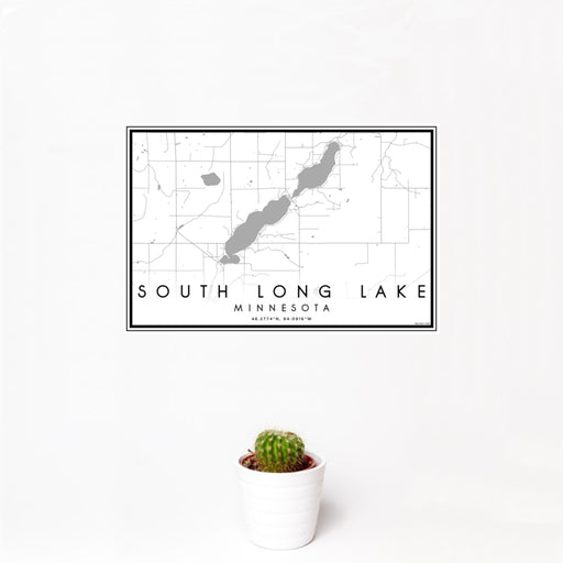12x18 South Long Lake Minnesota Map Print Landscape Orientation in Classic Style With Small Cactus Plant in White Planter