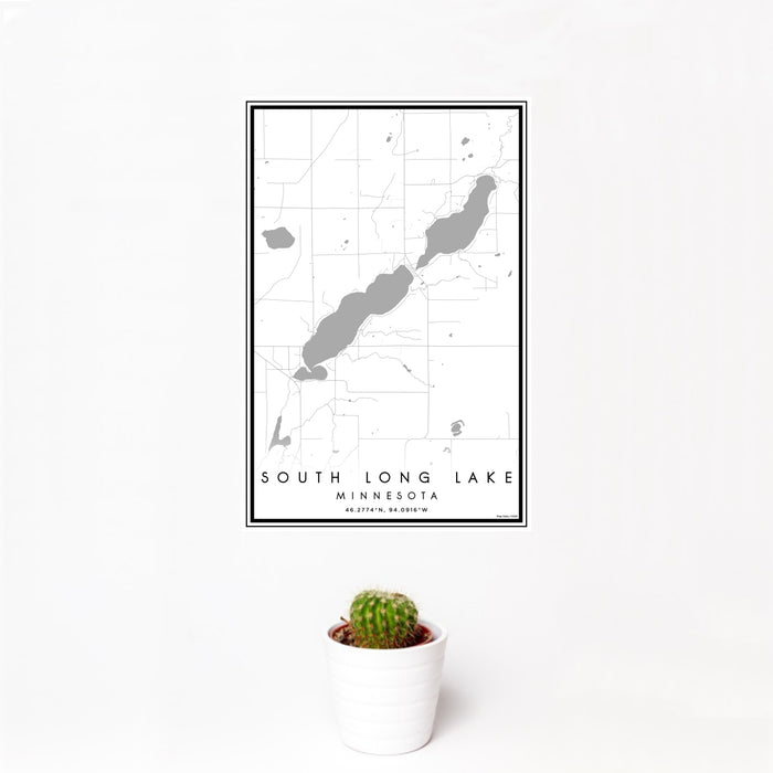 12x18 South Long Lake Minnesota Map Print Portrait Orientation in Classic Style With Small Cactus Plant in White Planter
