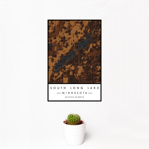 12x18 South Long Lake Minnesota Map Print Portrait Orientation in Ember Style With Small Cactus Plant in White Planter