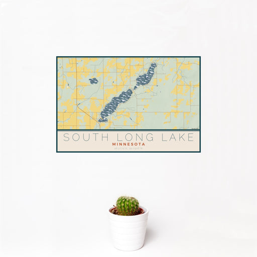 12x18 South Long Lake Minnesota Map Print Landscape Orientation in Woodblock Style With Small Cactus Plant in White Planter