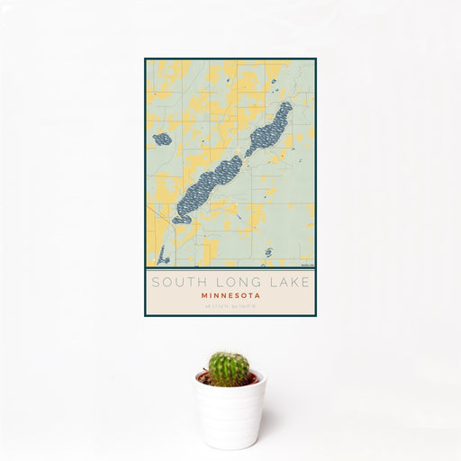 12x18 South Long Lake Minnesota Map Print Portrait Orientation in Woodblock Style With Small Cactus Plant in White Planter