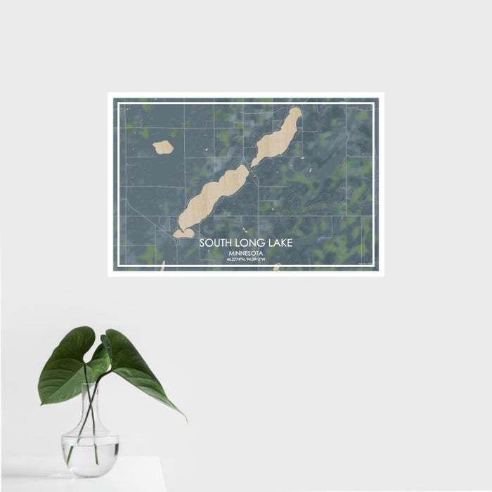 16x24 South Long Lake Minnesota Map Print Landscape Orientation in Afternoon Style With Tropical Plant Leaves in Water