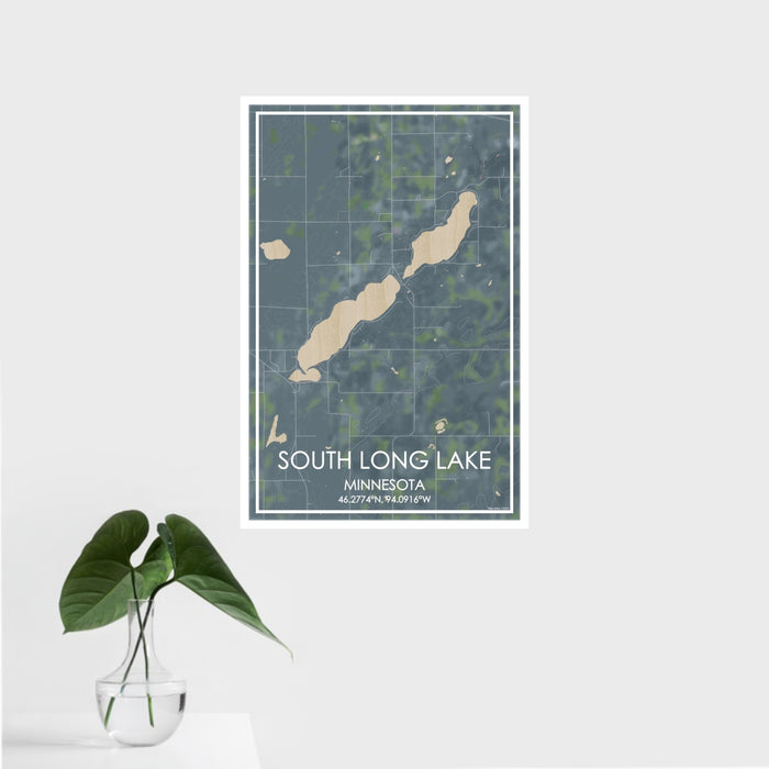 16x24 South Long Lake Minnesota Map Print Portrait Orientation in Afternoon Style With Tropical Plant Leaves in Water