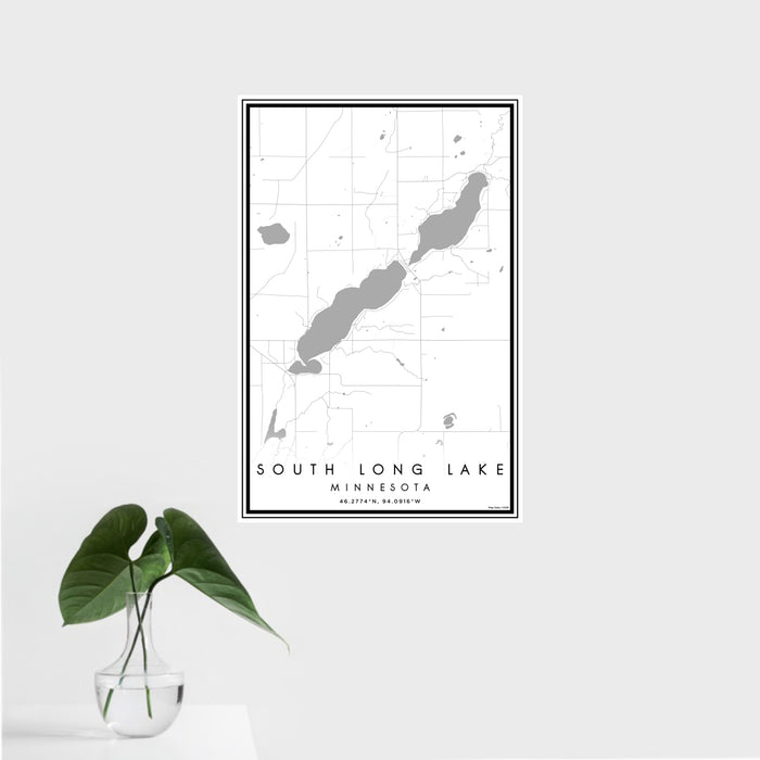 16x24 South Long Lake Minnesota Map Print Portrait Orientation in Classic Style With Tropical Plant Leaves in Water