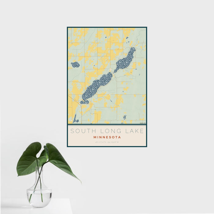 16x24 South Long Lake Minnesota Map Print Portrait Orientation in Woodblock Style With Tropical Plant Leaves in Water